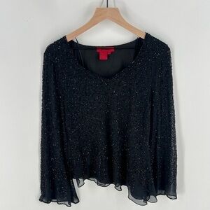 J Laxmi Black All Over Beading Sheer‎ Chiffon Flate Sleeve Asymmetrical Blouse